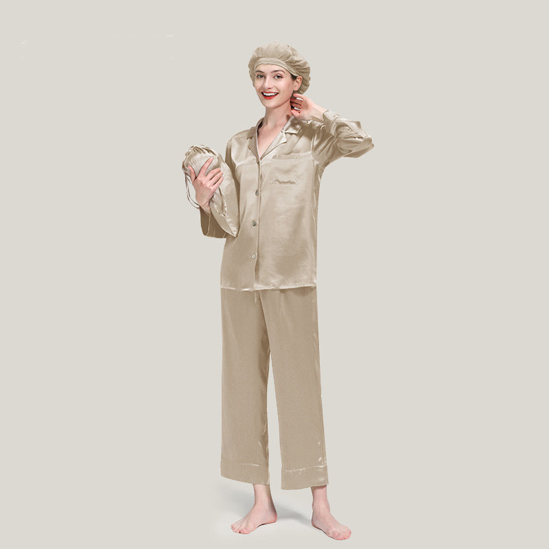 3PCS Classic Long Sleeves Silk Pajama Set with Nightcap
