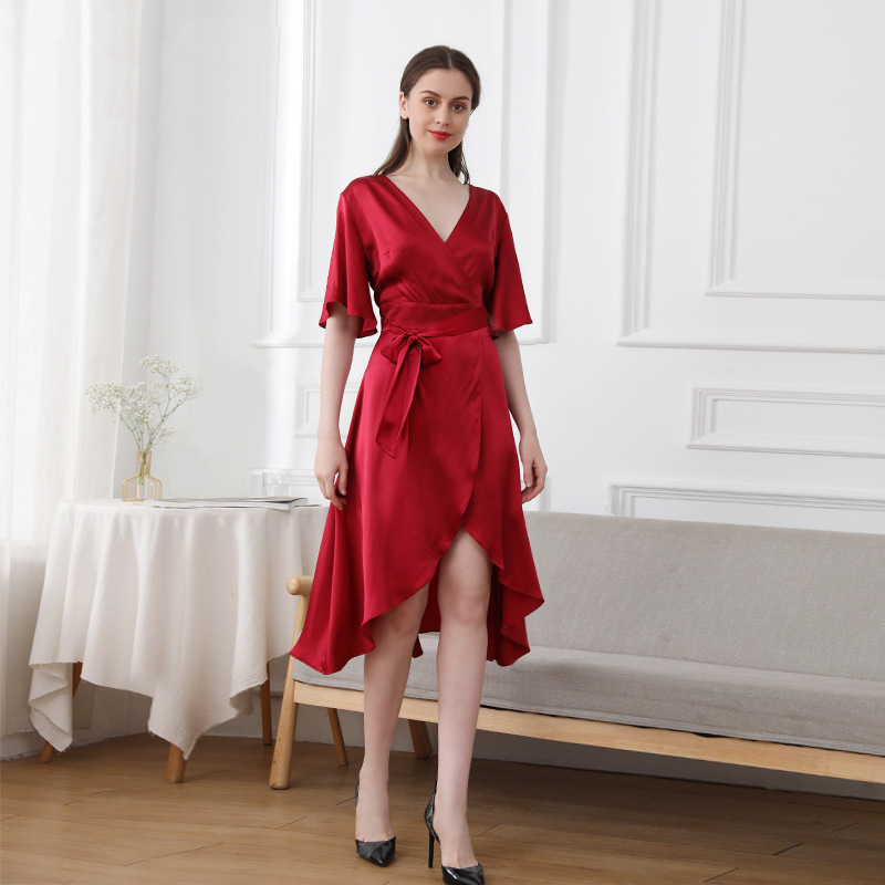 Silk V-Neck Design Irregular Hem Satin Dress