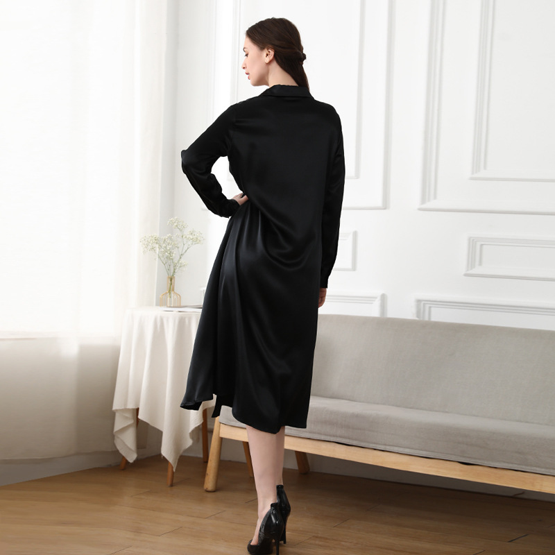 Women's Long Sleeve Collared Graceful Silk Dress