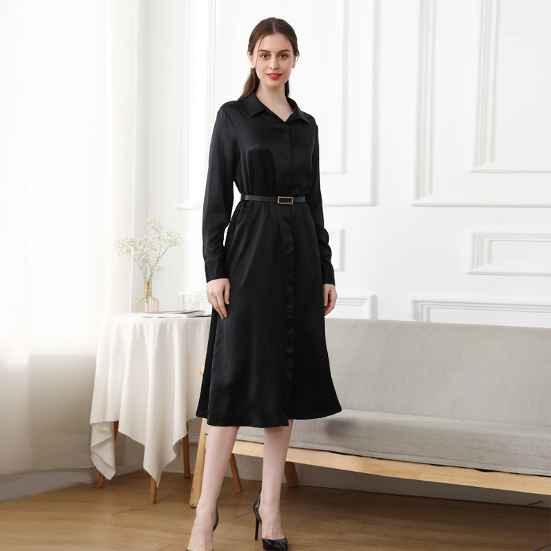 Women's Long Sleeve Collared Graceful Silk Dress