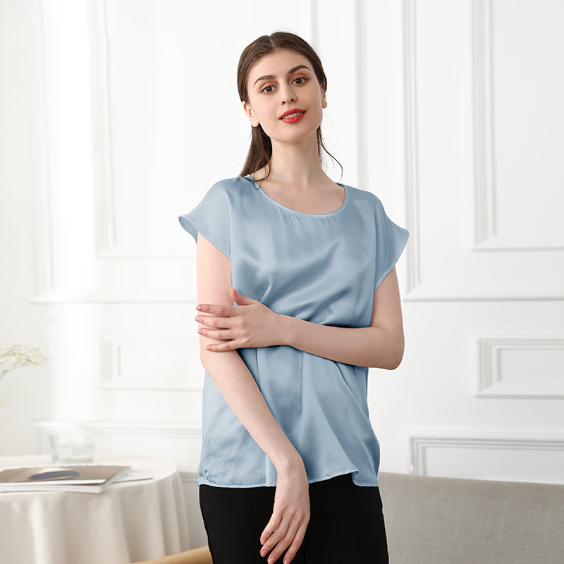 Silk Crewneck Short Sleeve Satin Shirt