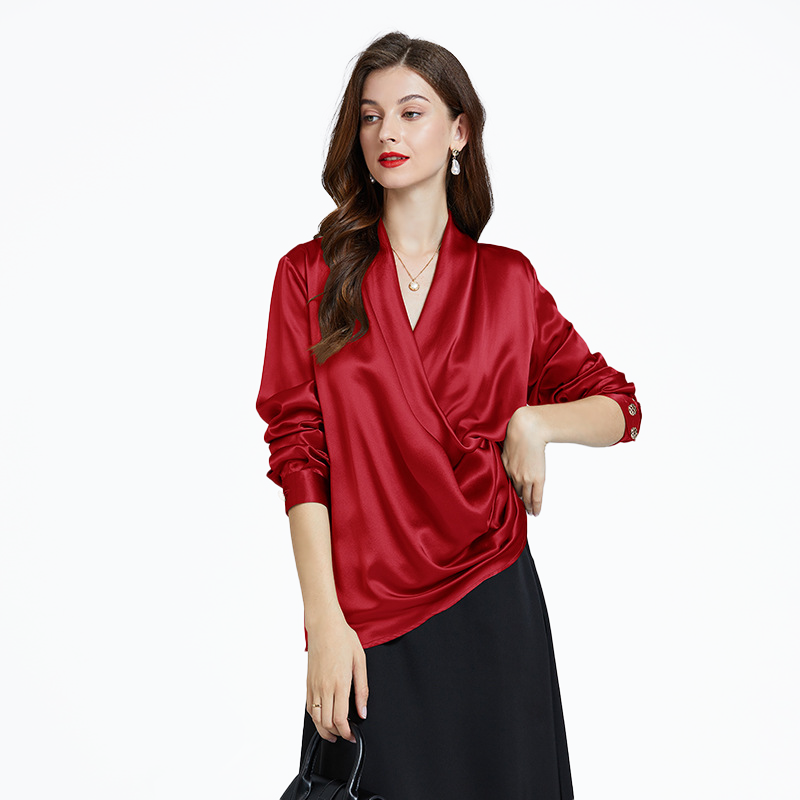 Elegant Cross V-neck Women Silk Shirt