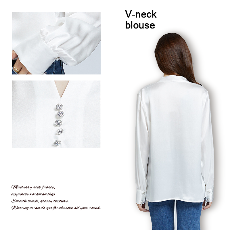 Button Trim V-Neck Office Silk Shirt