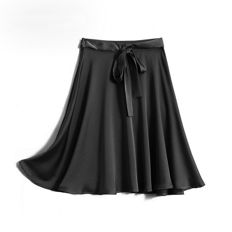 High Waist Tie Dark Satin Silk Skirt