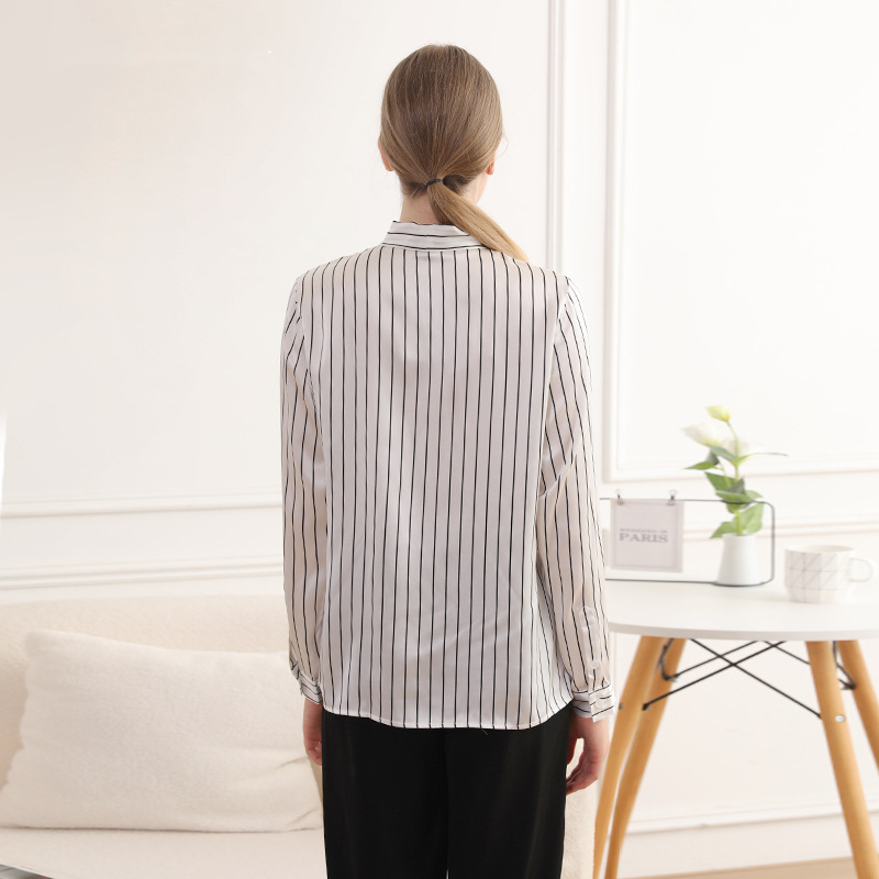 Silk Bow Neckline Striped Shirt