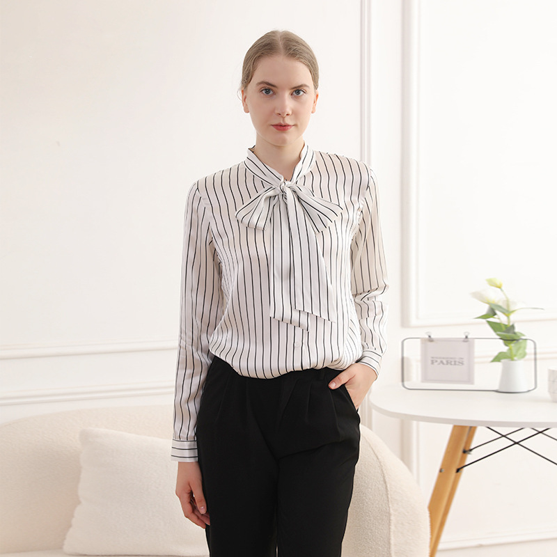 Silk Bow Neckline Striped Shirt