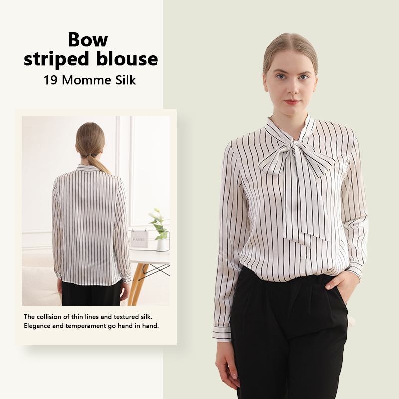 Silk Bow Neckline Striped Shirt