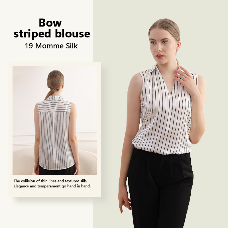 V-Neck Sleeveless Silk Striped Blouse
