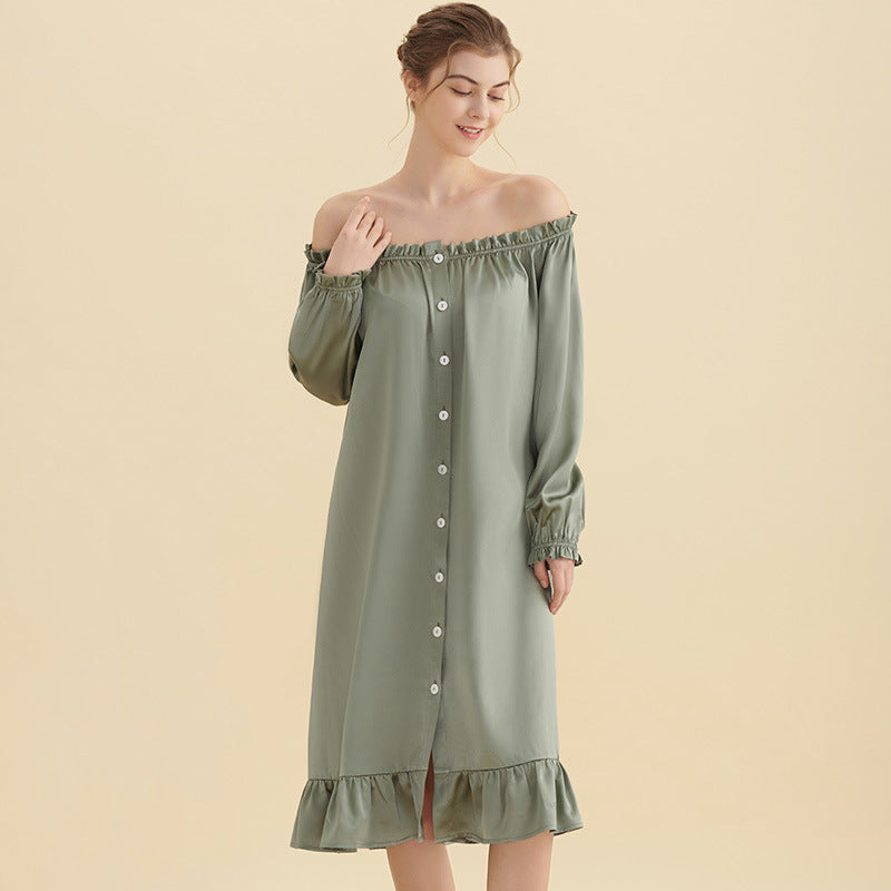 Ruffled Design Buttoned Nightgown