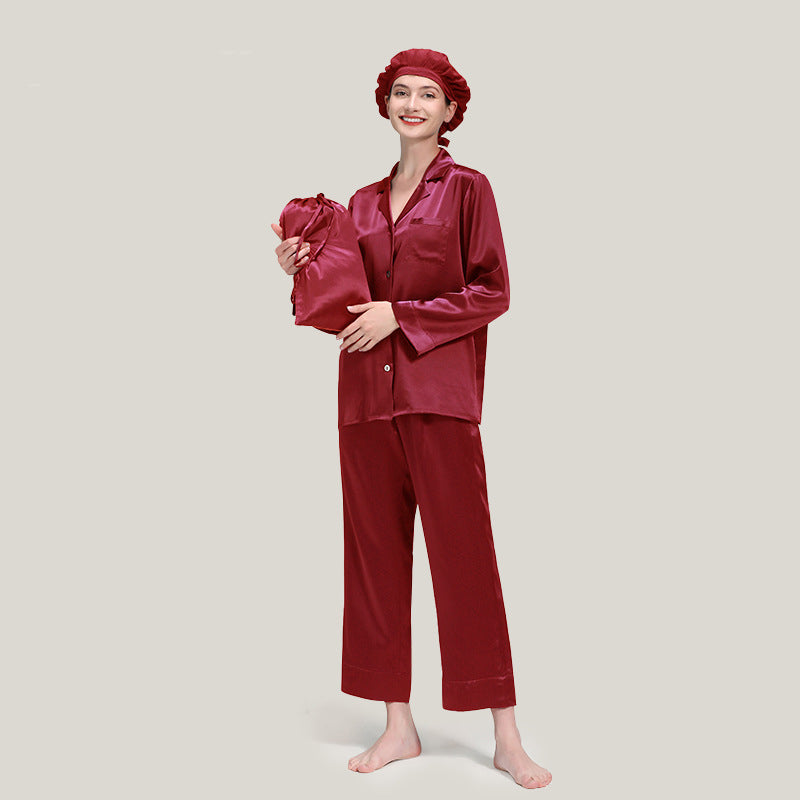 3PCS Classic Long Sleeves Silk Pajama Set with Nightcap