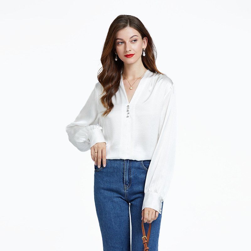 Button Trim V-Neck Office Silk Shirt