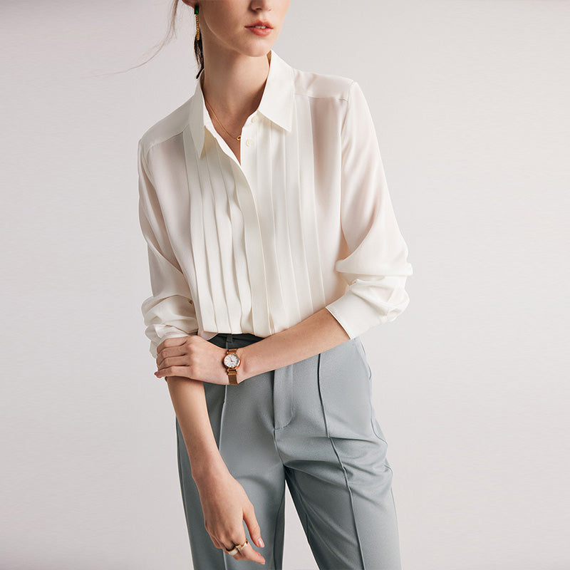 White Long Sleeve Blouse with Shirt Collar and Pressed Pleats